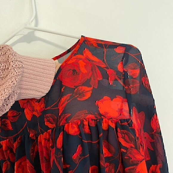 A NEW DAY Tiered Floral Blouse Navy Blue Red 3/4 Bell Sleeve Sheer / Lined Boho - Picture 6 of 12